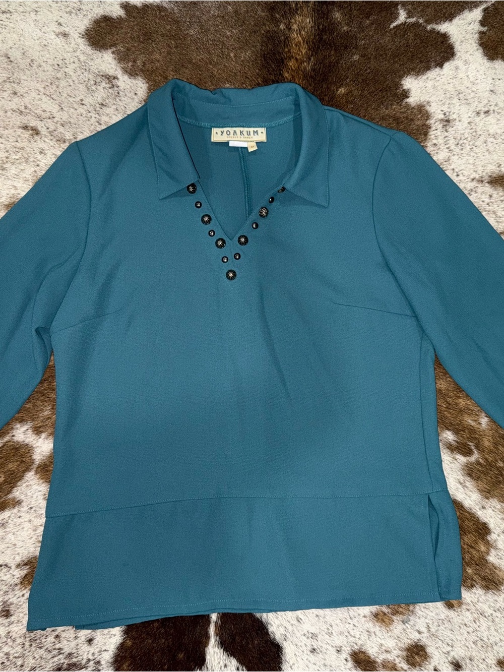 Double D Ranch Teal Collared V-Neck Blouse with Stud Detail